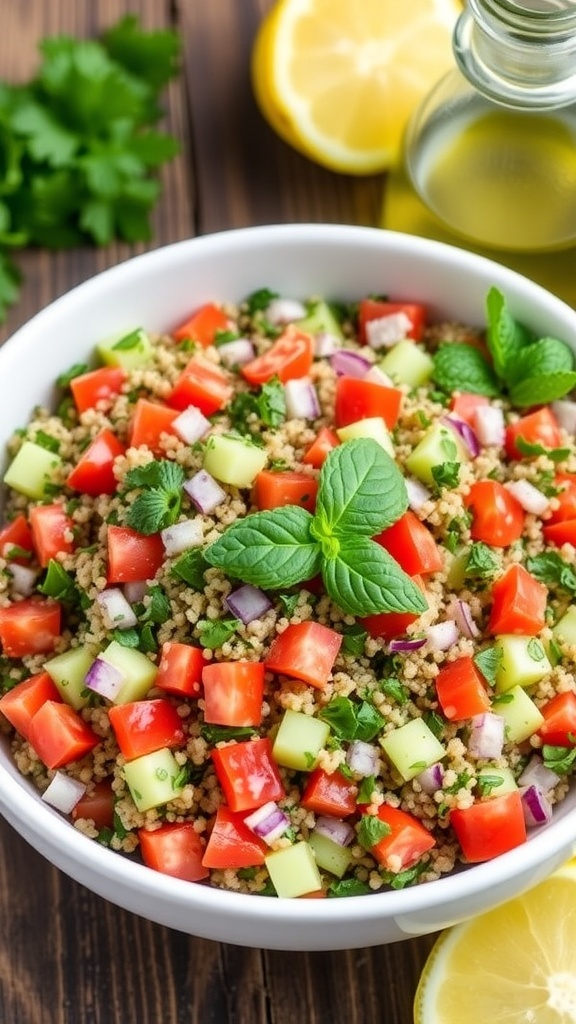 Mediterranean Quinoa Tabbouleh Recipe A colorful quinoa tabbouleh salad with parsley, tomatoes, cucumbers, and mint on a wooden table.